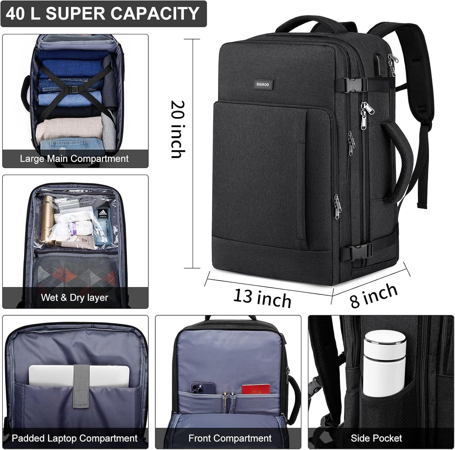 imageBIKROD Travel Backpack for Women 45L Extra Large Flight Approved Carry on Backpack Sturdy Business Men Backpack 184 Laptop Backpack with USB Charger Port ampamp Luggage SleeveBlack
