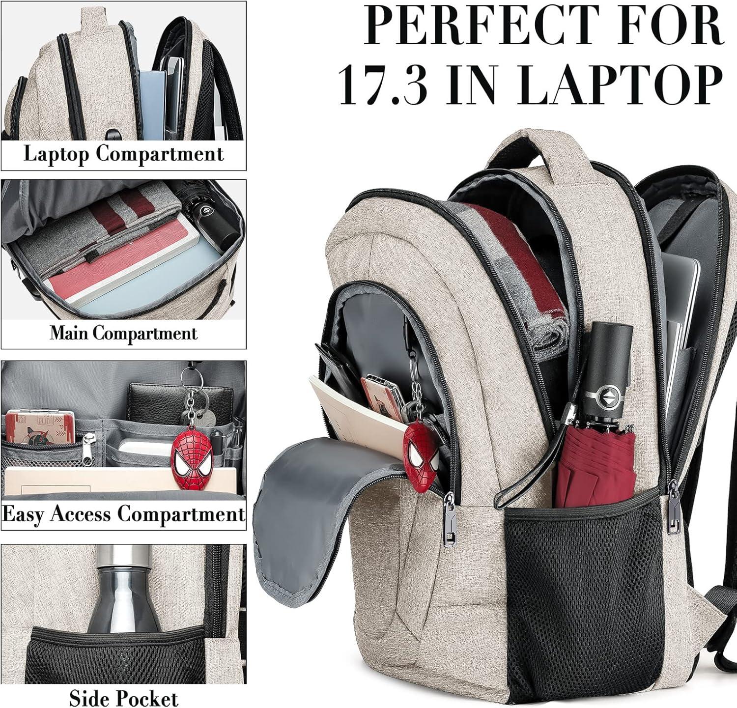imageTravel Laptop Backpack 17 Inch Extra Large School Backpacks for Teen Boys and Girls Black Water Resistant Women Back Pack Business Men Sturdy Computer Bag with USB Charging Port GiftsBeige