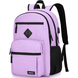 Black Backpack for Men and Women, Backpack for School Teens Boys and Girls, Lightweight Casual High School Bookbag, Daily-use Travel Laptop Backpack with USB Charging Port Fits 15.6 Inch Notebook(Purple)