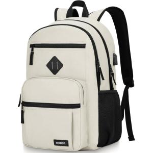 Black Backpack for Men and Women, Backpack for School Teens Boys and Girls, Lightweight Casual High School Bookbag, Daily-use Travel Laptop Backpack with USB Charging Port Fits 15.6 Inch Notebook(Beige)