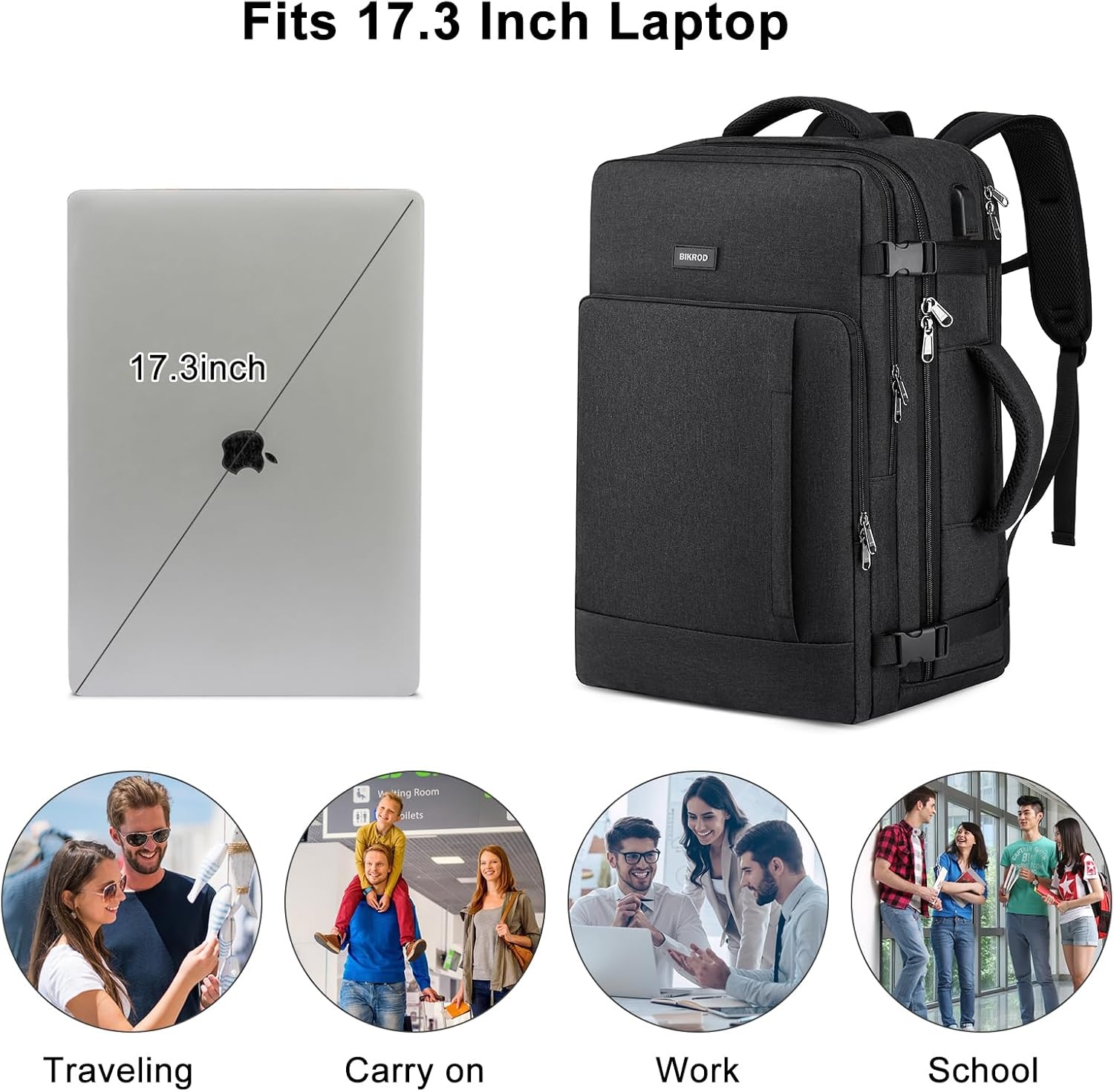 image:imageTravel Backpack for Men and Women 40L Extra Large Flight Approved Carry on Backpack with Sturdy Zipper 173 Inch Laptop Backpack with USB Charger Port amp Luggage Sleeve School Backpack BlackBlack