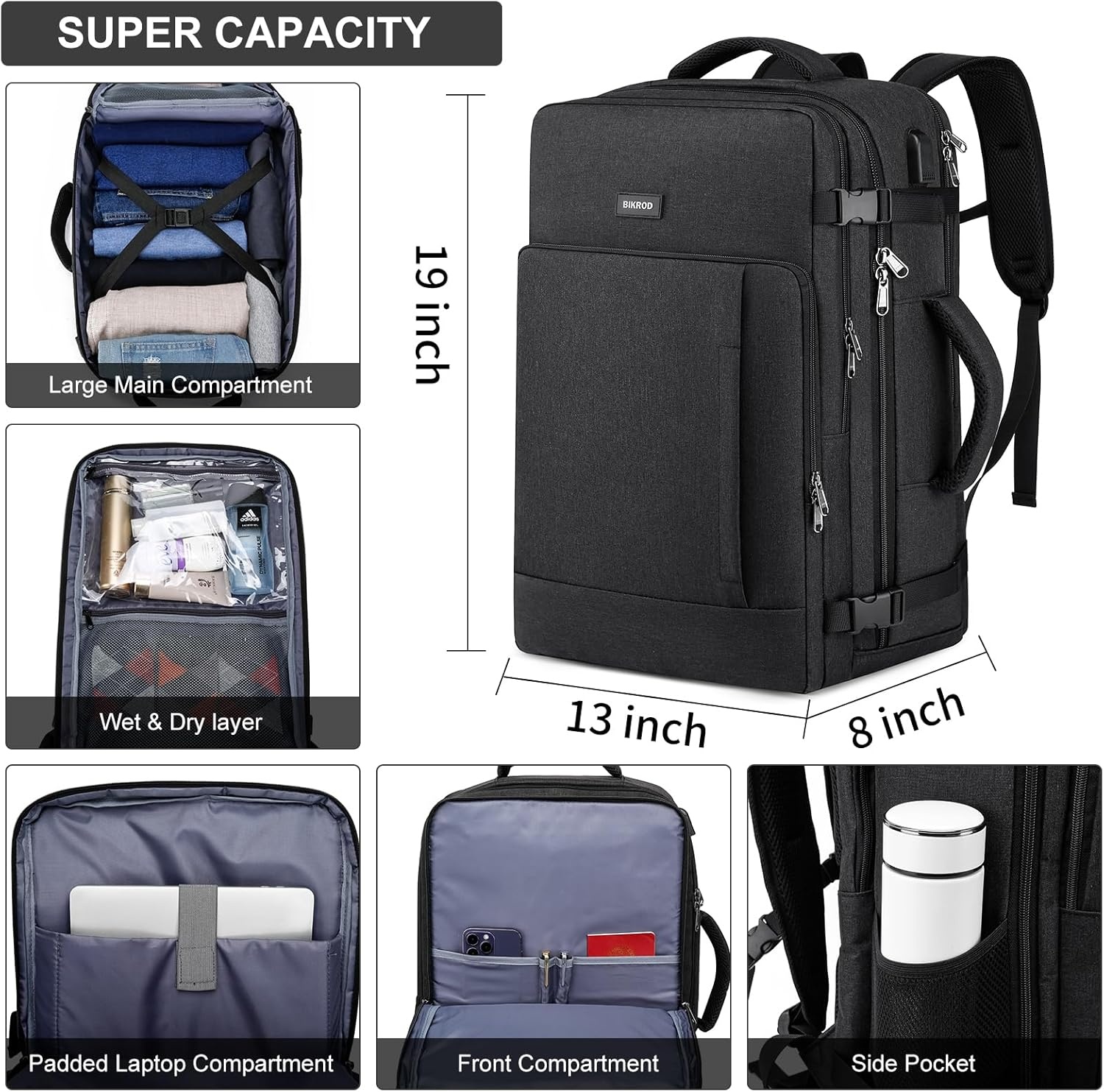 image:imageTravel Backpack for Men and Women 40L Extra Large Flight Approved Carry on Backpack with Sturdy Zipper 173 Inch Laptop Backpack with USB Charger Port amp Luggage Sleeve School Backpack BlackBlack