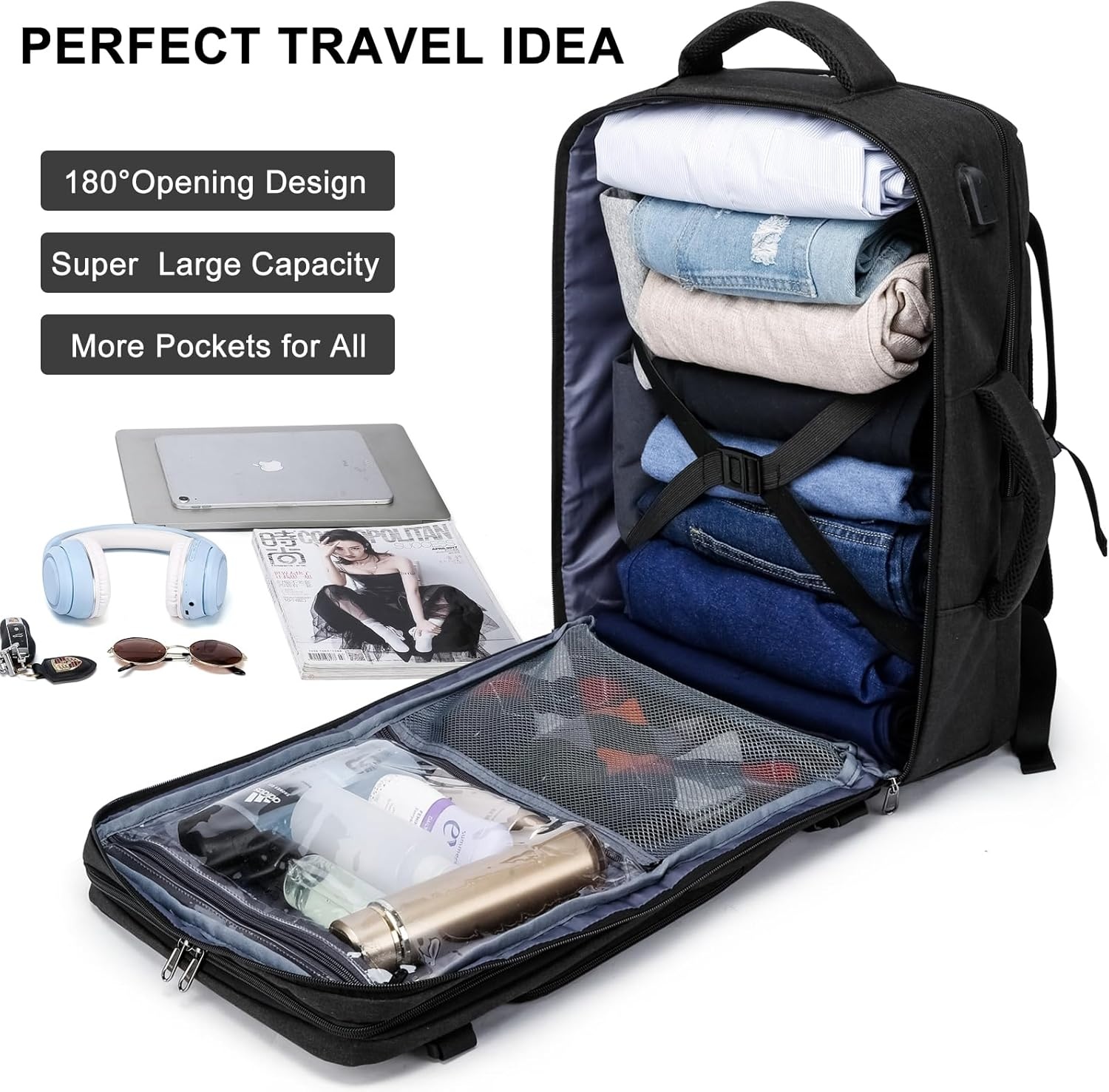 image:imageTravel Backpack for Men and Women 40L Extra Large Flight Approved Carry on Backpack with Sturdy Zipper 173 Inch Laptop Backpack with USB Charger Port amp Luggage Sleeve School Backpack BlackBlack